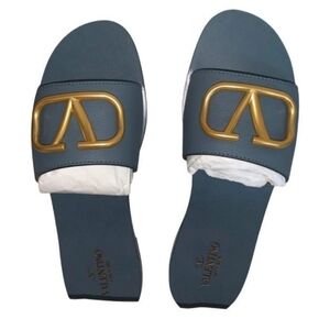 Brand New Valentino Garavani Women Blue and Gold Slide/Sandals